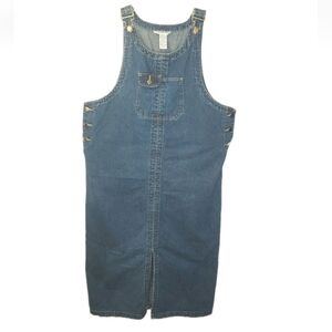 Vtg Cambridge Spirit Denim Jumper Dress Woman Lg Blue Jean Bib Buckles Y2k Midi